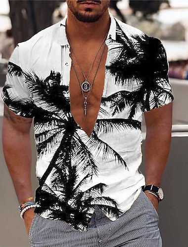  Herren Graphic Kokosnussbaum Hawaiian Hemd Sommerhemd Hawaiihemd Sommerhemd Kurzarm Hemd Umlegekragen Modisch Designer Brautkleider schlicht Outdoor Strasse Casual Hellgelb Schwarz / Weiß Gelb Print
