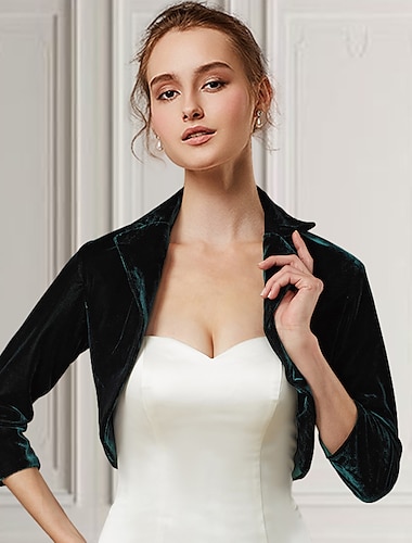  Bolero Verde Shrug in Velluto Cappotti  Giacche Eleganti Mantieni Caldo Maniche 3/4 Velluto Wrap per Invitati al Matrimonio Con Colore Puro Per Giugno  Inverno Vestirsi Per Impressionare