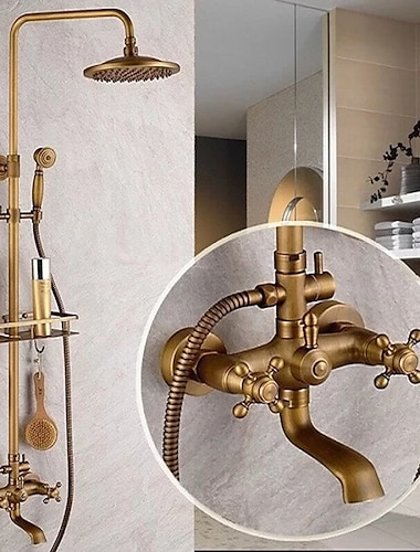  Shower Faucet,Shower System Set,Rainfall Antique Brass Shower Fixture 8 Inch Shower Head Handled Shower Waterfall Tub Spout Wall Mounted Outdoor Shower System with Shower Shelf