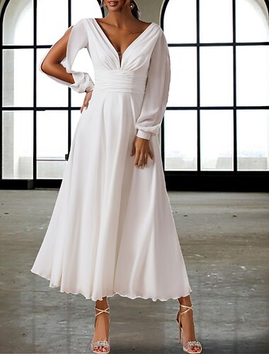  Robe blanche de mariage pour la réception Robes de shower de mariée Robes de mariage Robes A-Line Col en V Manches longues Longueur thé Robes de mariée en chiffon avec fronces 2025