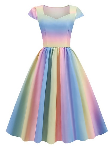  женское платье в стиле качели винтажные чайные платья платье миди радуга с коротким рукавом радужный принт зима осень квадратный вырез 1950-е годы 2023 стиль s m l xl xxl