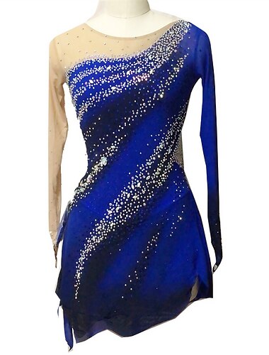 Eiskunstlaufkleid Damen Mädchen Eislaufen Kleider Königsblau Daumenloch Spandex Hochelastisch Ausbildung Wettbewerb Eiskunstlaufkleidung Handgemacht Kristalle Langarm Eislaufen Eiskundstlauf