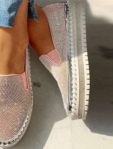  Damen Slip-Ons Komfort Schuhe Übergrössen Täglich Strass Flacher Absatz Runde Zehe Brautkleider schlicht PU Leder Halbschuhe Einfarbig Silber Schwarz Rosa