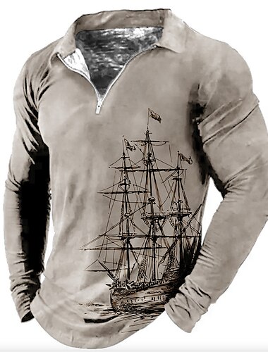  Herren Nautisch Poloshirts mit Reißverschluss Golfshirt Langarm Polo-Shirts Hemden mit Kragen Vintage Lässig Urlaubskleidung Bootskleidung Party-Outfits 3D-Druck Viertelreißverschluss-Poloshirt Blau