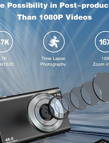  digitaalikamera 2,7k 48 megapikselin vloggauskamera automaattitarkennus digitaalinen spotti- ja kuvauskamera 32 Gt:n muistikortilla 16x zoom time-lapse-digitaalikamera lapsille teini-ikäisille