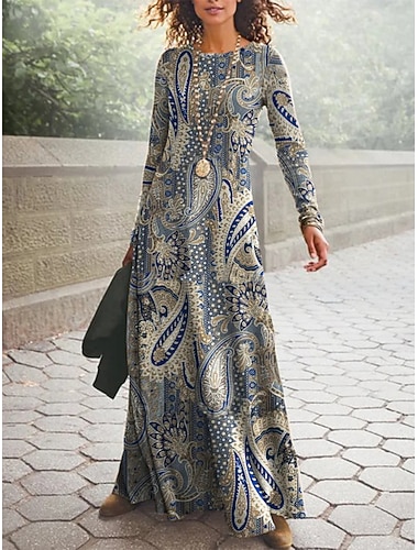  robe longue Femme Robe casual manche longue Hiver Automne Printemps - basique Bohème mode Patchwork Imprimer Géométrique Plaid Col Ras du Cou robe hiver du quotidien Vacances 2023 Bleu Orange Marron