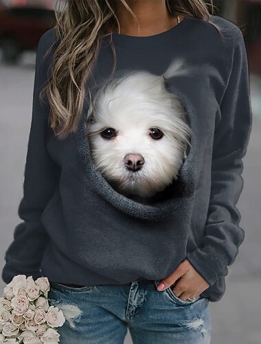  女性用 スウェットシャツ 路肩に寄せて下さい 活発的 ストリートファッション プリント グレー 犬 3D 日常 ラウンドネック 長袖 S M L XL XXL 3XL