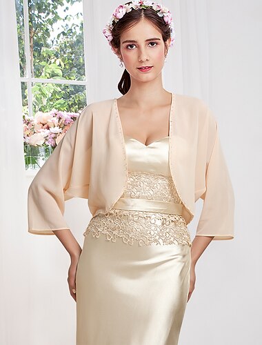  dames wrap bolero shrug jassen / jassen zonbescherming 3/4 mouwen dolman mouwen chiffon bruiloft wraps met kralen voor feestavond herfstjurk om indruk te maken 2025