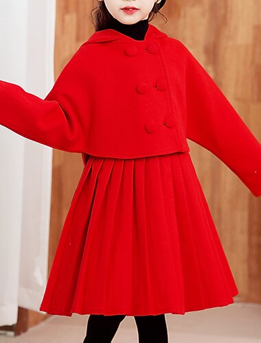  Infantil Para Meninas Vestido Cor Sólida Manga Longa Diário Pregueado Estilo bonito Poliéster Acima do Joelho Vestido De Duas Peças Inverno 4-13 anos Vermelho