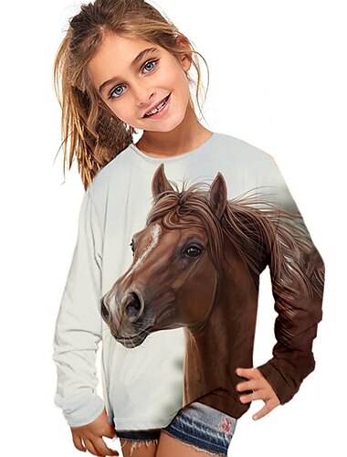  Kinder Mädchen T-Shirt Langarm 3D-Druck Pferd Tier Weiß Kinder Oberteile Herbst Winter Aktiv Modisch Täglich Outdoor Regular Fit 3-12 Jahre