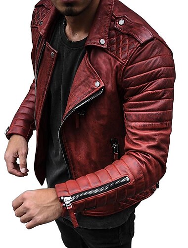  Herren Kunstlederjacke übergangsjacke Bikerjacke Rote Lederjacke Straße Lässig Thermowarm Winddicht Kunstpelzbesatz Herbst Einfarbig Punk Mode Revers Regulär Regulär Kunstpelz Kunstleder Schlank