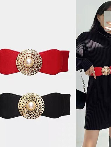  Boucle ronde chaîne élastique ceinture élastique femme costume extérieur robe perle disque noir rétro ceinture