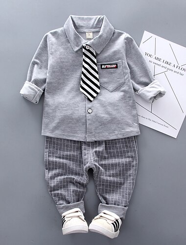  2 Stück Ring-Träger Anzug Jungen kinderkleidung Shirt & Hose Kleidungsset Outdoor Urlaub Casual Modisch Brautkleider schlicht Plaid Streifen Weiß Grau Baumwolle