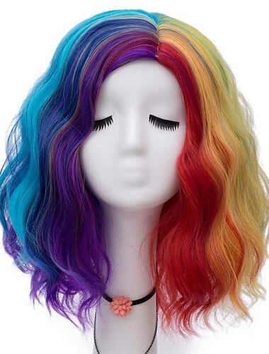  mujeres 16 pulgadas de longitud media onda de agua arco iris colorido moda peluca cosplay diaria
