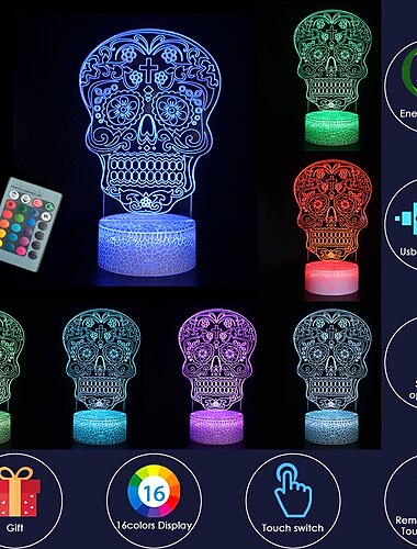  skalle 3d nattljus illusionslampa halloween presentdekoration för barn 16 färgbyte med inredning i fjärrkontrollrum