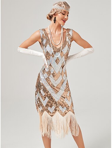  Goldene Zwanziger 1920er Cocktailkleid Flapper Kleid Kleid Maskerade Der große Gatsby Charleston Hochzeitsgast Pailletten Quastenfransen Normal Damen Halloween Karneval Maskerade Karneval Hochzeit