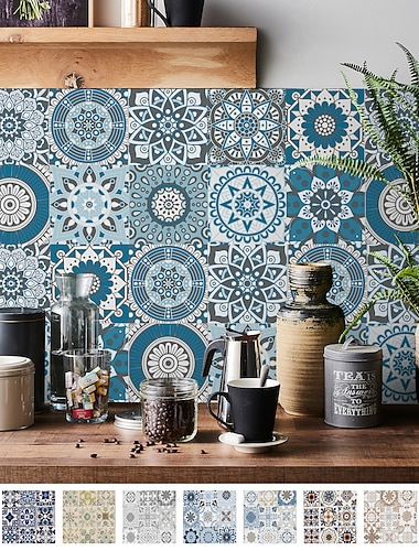  24 قطعة من ملصقات الحائط الإبداعية للمطبخ والحمام وغرفة المعيشة ذاتية اللصق مقاومة للماء وملصقات بلاط ماندالا الزرقاء