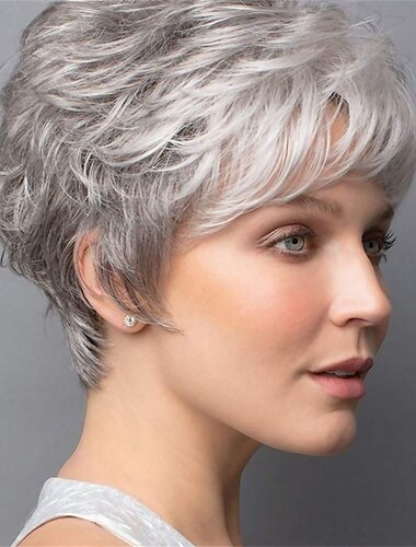  parrucche corte ricci grigi pixie per donne bianche parrucca sintetica a strati grigi dall'aspetto naturale parrucche soffici con taglio pixie con frangetta parrucche per feste di natale