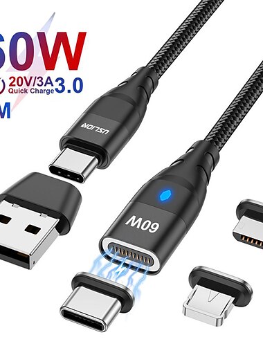  Кабель USB 3.0 60W 3,3 фута USB-C на Lightning/микро/USB-C 3 A Быстрая зарядка Высокая скорость передачи данных нейлон плетеный Прочный Магнитный Назначение Macbook Samsung Xiaomi