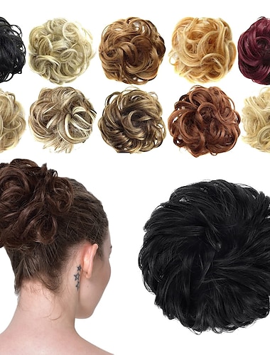  moño desordenado pieza de cabello moño scrunchies sintético ondulado rizado moño cola de caballo extensiones de cabello grueso updo postizos para mujeres niñas niños 1pcs