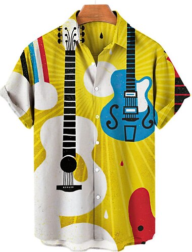  Herre Styreledere Gitar Musikkinstrument Skjorte Skjorte med knapper Kortermet Mote Designer Fritid utendørs Ferie Sommer Vår Aftæpning Trykt mønster Knapp ned Navyblå Mørkegrønn Kamel Lilla Oransje