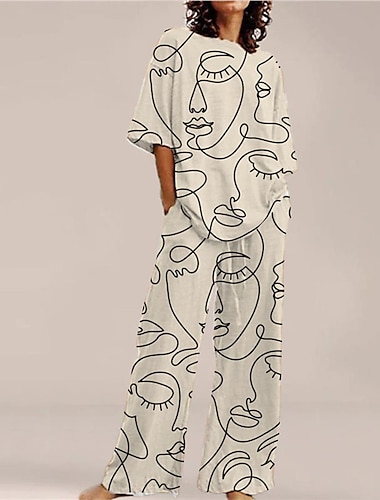  Mujer Pijamas Camisón Conjuntos 2 Piezas Estampados Confort Suave Hogar Cama Jersey de algodón spandex Cuello Barco Manga Corta Camiseta Pantalón Verano Primavera Beige