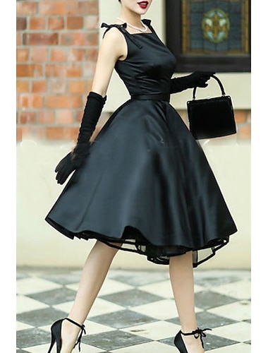  A-Linien Cocktailkleider Vintage Kleid Hochzeitsgast Abschlussfeier Tee Länge Ärmellos Quadrat Hals Satin mit Sash  Band Schleife(n) Einfarbig Derby Kleider 2025