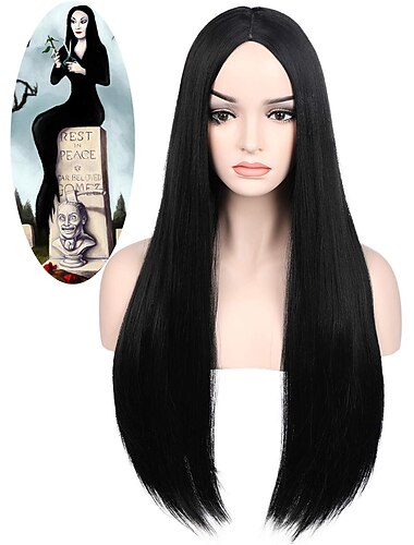  תחפושת פאה addams לנשים ארוך שחור שיער חלק פאה טבעית פאות עבור addams family morticia cosplay halloween p087bk
