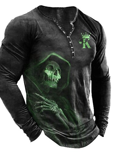  Homens Camiseta Camisa Henley Camisetas Gráfico Caveiras Henley Preto Branco Azul Verde Cinzento Impressão 3D Tamanho Grande Ao ar livre Diário Manga Longa Botão para baixo Imprimir Roupa Designer