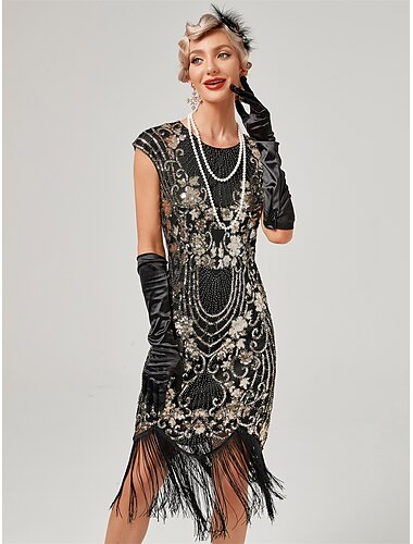  Goldene Zwanziger 1920er Cocktailkleid Knielang Flapper Kleid Kleid Abschlussballkleid Normal Cap-Ärmel Der große Gatsby Charleston Hochzeitsgast Pailletten Quastenfransen Rundausschnitt Kostüm Damen