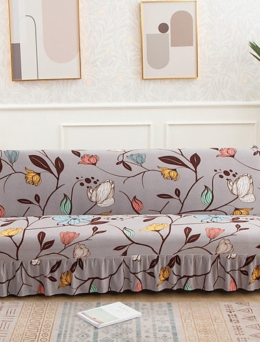  Funda de sofá elástica con estampado floral de 1 pieza con falda, funda de sofá sin brazos, protector de muebles sin reposabrazos, funda suave con fondo elástico para niños
