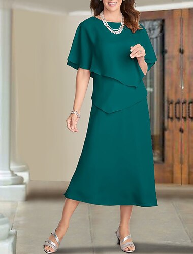  A-Linje Mor til Bruden Kjole Bryllupsgjest Elegant Pluss Størrelse Juvelhals Te Lengde Chiffon Kort Erme med Volanger gratis tilpasset størrelse