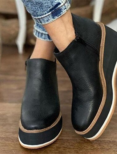  Dames Laarzen Platformlaarzen Grote maten Buiten Dagelijks Booties enkellaarzen Herfst Plateau Sleehak Ronde Teen Vintage Casual minimalisme Wandelen PU Rits Lichtbruin Zwart Goud