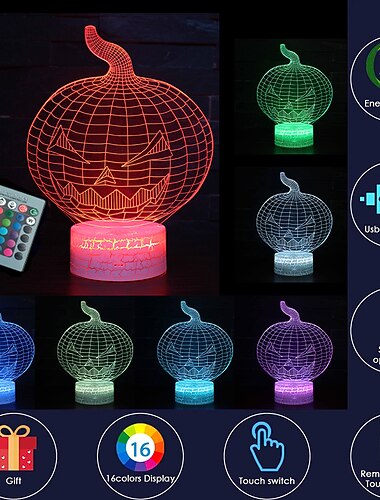  مصباح الوهم الليلي ثلاثي الأبعاد على شكل اليقطين لتزيين هدايا الهالوين للأطفال 16 لونًا مع جهاز تحكم عن بعد لغرفة نوم الأطفال مع إضاءة ليلية ثلاثية الأبعاد تعمل باللمس للكريسماس&amp; هدايا عيد