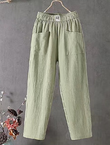  Damskie Typu Chino Luźne spodnie Pościel bawełniana Boczne kieszenie Workowaty Średni Talia Do kostek Czarny Lato