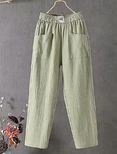  Mujer Normal Pantalones de lino y algodón Chinos Pantalones anchos Sólido Confort Hasta el Tobillo Media cintura Bolsillos laterales Cintura elástica Holgado Comodidad Microelástico Casual Diario