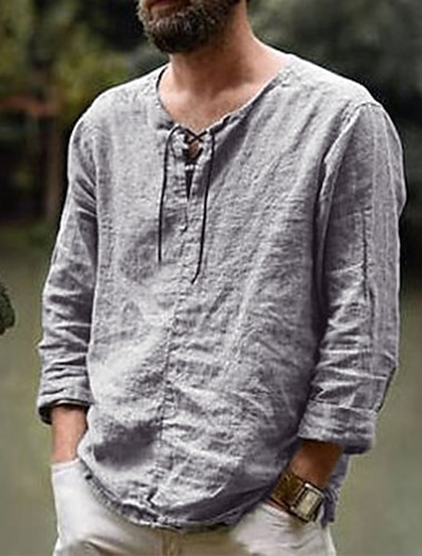  Hombre camisa de lino Camisa de verano Camisa de playa Granate Negro Blanco Manga Larga Color sólido Sin Cuello Exterior Calle Ropa