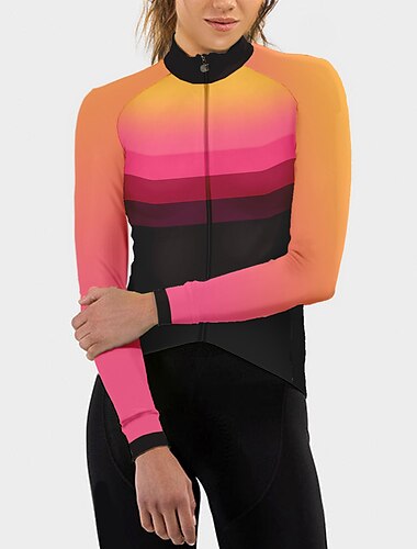  女性用 サイクリングジャージー 長袖 バイク ジャージー トップス 3つのリアポケット付き マウンテンサイクリング ロードバイク 高通気性 速乾性 吸汗性 反射性ストリップ ブラック イエロー レッド 勾配 スポーツ 衣類