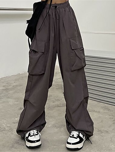  kvinners cargo fallskjermbukser brede ben bukser baggy full lengde baggy mikroelastisk høy midje mote casual daglig armygrønn svart s m vår&amp; falle