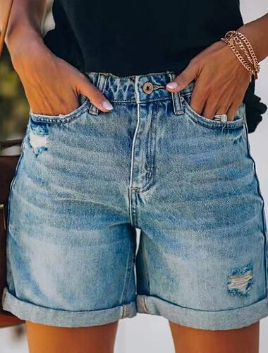  Mujer Vaqueros Pantalón corto Mezclilla Bolsillos laterales Cortado Media cintura Corto Azul Piscina