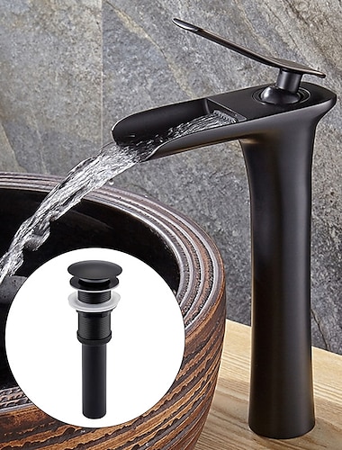  Brass Faucet Set,Waterfall Black Oxide Finish Deck Mounted Single Handle One Hole Bath Taps with Hot and Cold Switch