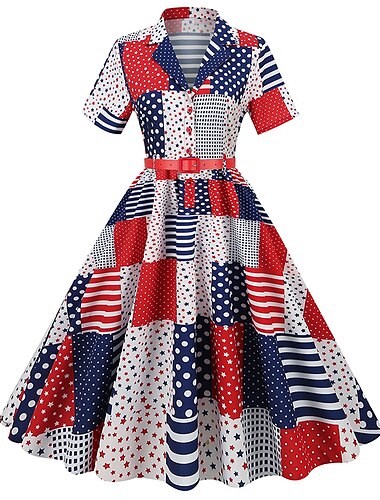  Schlagkleid zum Unabhängigkeitstag, Petticoat, Bandana, 3-teiliges Outfit, USA-Flagge, Retro-Vintage-Swing-Kleid der 1950er Jahre, Partykleid für Damen, 4. Juli