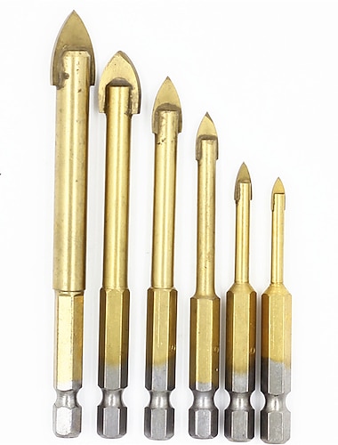 Conjunto de brocas de vidro com haste hexagonal de 6 peças, telha cerâmica revestida de titânio, espelho de mármore, ferramenta de furo de vidro 4mm 5mm 6mm 8mm 10mm 12mm