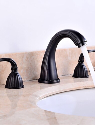  weit verbreitete Waschbecken-Mischbatterie, Vintage-Messing-3-Loch-2-Griff-Waschtischarmaturen, Badezimmerarmatur im Retro-Stil mit Kalt- und Warmwasserschlauch