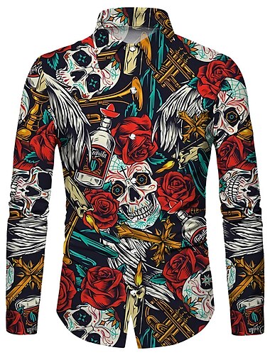  Herren Hemd Grafik-Shirt Rose Totenkopf Motiv Umlegekragen Rote 3D-Druck Outdoor Halloween Langarm Bedruckt Button-Down Bekleidung Modisch Designer Brautkleider schlicht Atmungsaktiv