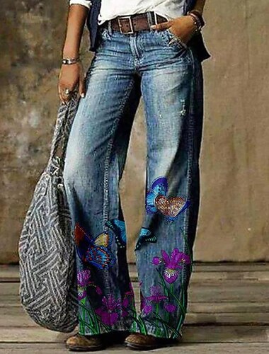  Mujer Vaqueros Pantalones acampanados Denim de imitación Bolsillos laterales Perneras anchas Estampado Media cintura Longitud total 1 Verano