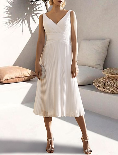  A-Line White Cocktail Dresses Elegant Graduation Dress Formal Wedding Guest Tea Length Sleeveless V Neck Chiffon with Ruched Pure Color 2024