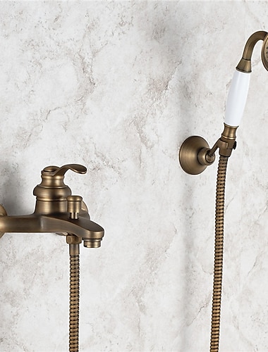  Duscharmatur, antikes Messing-Duscharmatur-Set mit Regenfall, drei Löcher, antikes Duschsystem, Keramikventil, Badewannen-Duschmischbatterien mit Warm- und Kaltwasserschalter