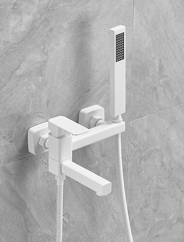  Badewannenarmatur, Doppelauslauf, Wandmontage, weiß, Wanneneinlaufmischer, Messingarmatur mit Handbrause, Keramikventil-Einhebelbedienung