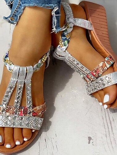  סנדלי טריז לנשים עם עיטורי ריינסטון - רצועות אלסטיות נוחות ופרטים בדוגמת פרחים ללבוש קיץ יומיומי